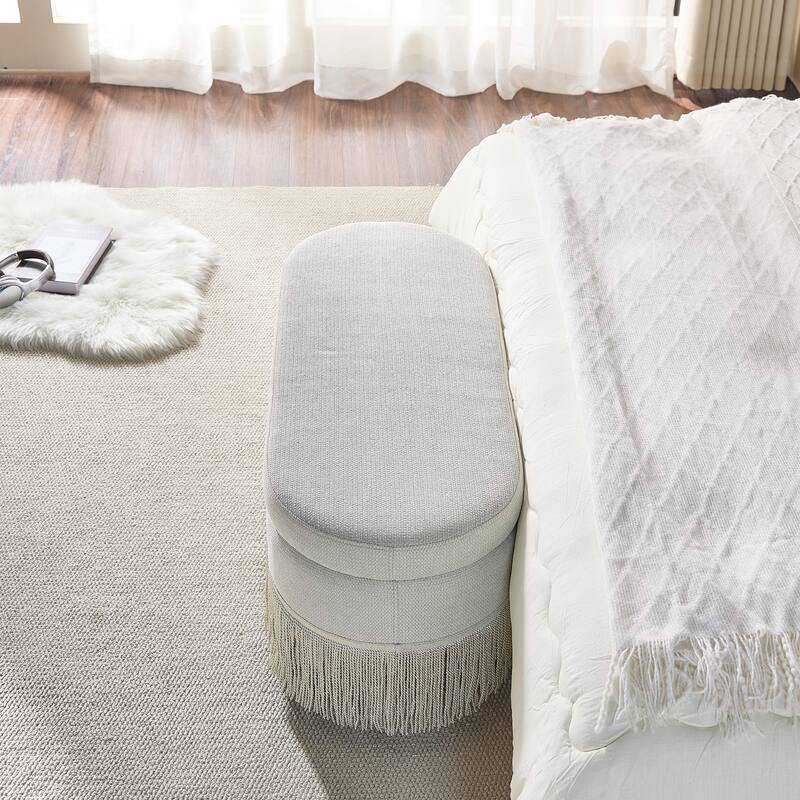 Oval Upholstered Storage Ottoman with Fringe Trim & Lift-Top Lid - 39"L x 16"W x 17"H,Multi-Functional Footrest & Hidden Storage