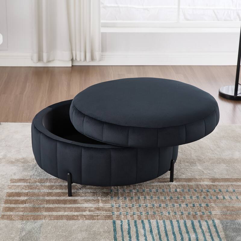 Round Ottoman with Storage, Channel Tufted Pumpkin-Shape Channel Footstool, Upholstered Footrest Stool with Reversible Lid