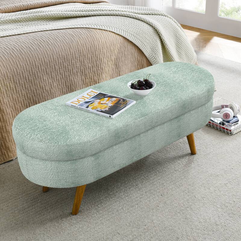 43.5 in. Oval Bedroom Bench Linen Fabric Upholstered Storage Ottoman Bench with Solid Wood Legs Entryway Bench