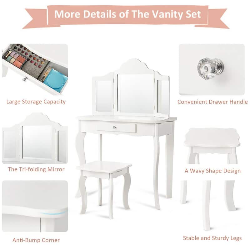 Kids Makeup Dressing Mirror Vanity Table Stool Set - 27.5" x 13.5" x 41" (L x W x H)