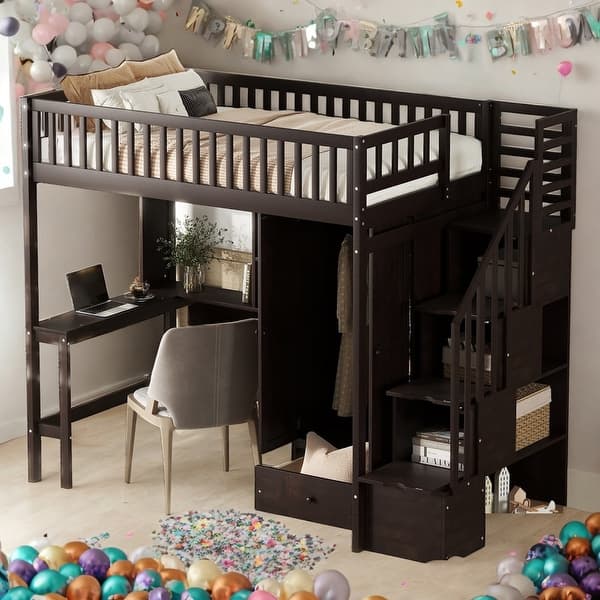 slide 2 of 18, Twin Size Loft Bed With Bookshelf,Drawers,Desk And Wardrobe for Home Espresso