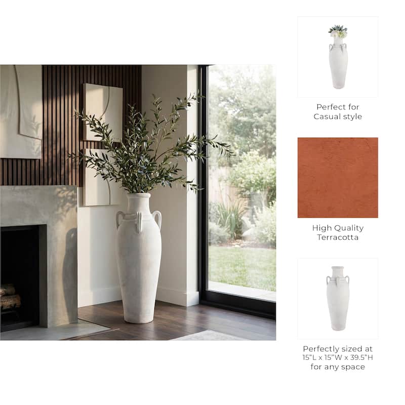 Ceramic Rustic Dual Handles Floor Vase - Ivory, 39"