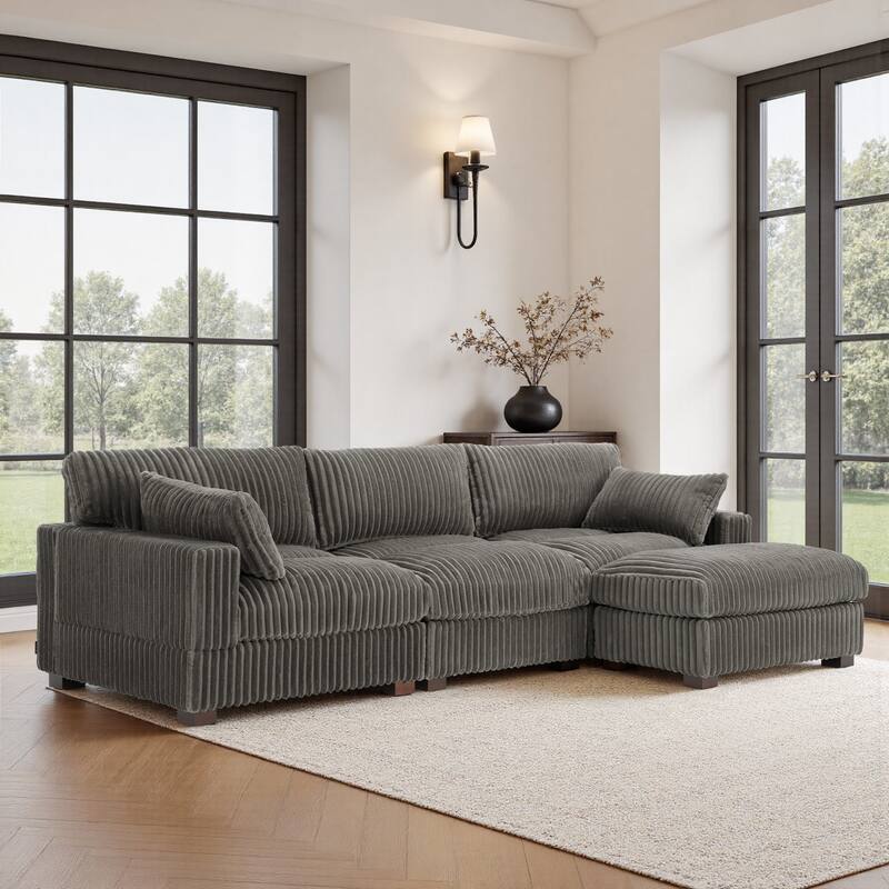 Plush Flannel Modular Sectional Sofa for Living Room - Light Grey-4-Piece