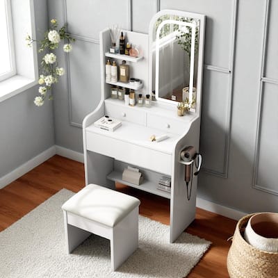 Vanity Desk with Mirror & LED Lights, 3 Drawers, Adjustable Lighting, Chair & Hair Dryer Holder, Makeup Table Set