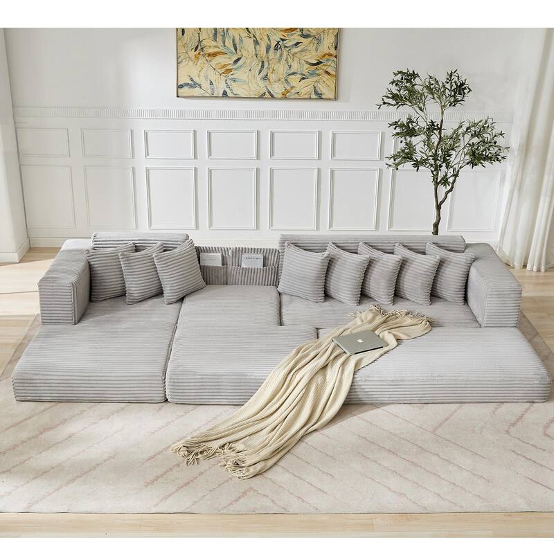 Floor Sleeper Sofa Bed Convertible L-shaped Modular Sectional Couch with Chaise, Corduroy Compression Sofa with Side Pockets