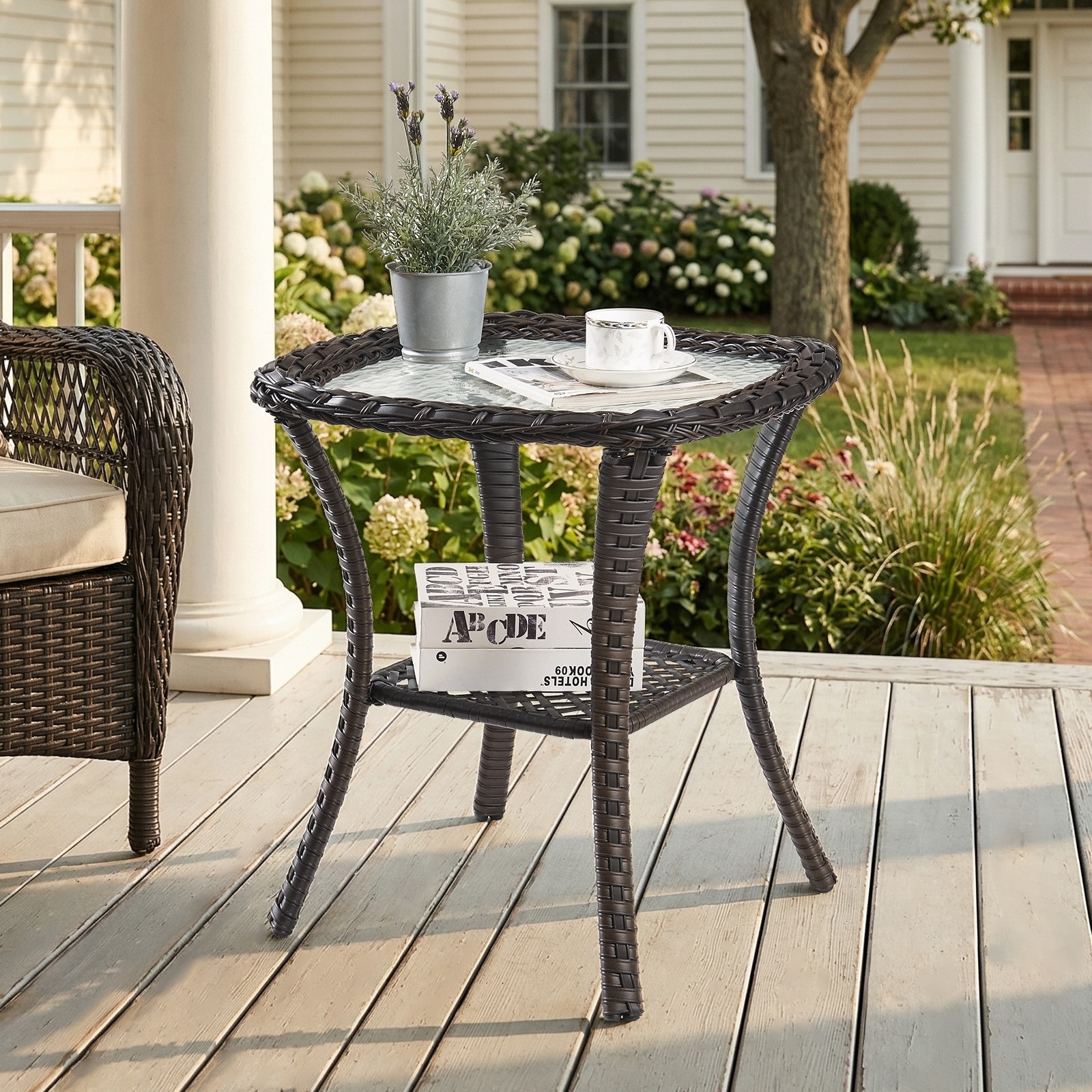 Meyreso 20"L x 20"W x 22"H Outdoor Wicker Side Table with Tempered Glass Top & Storage Shelf.