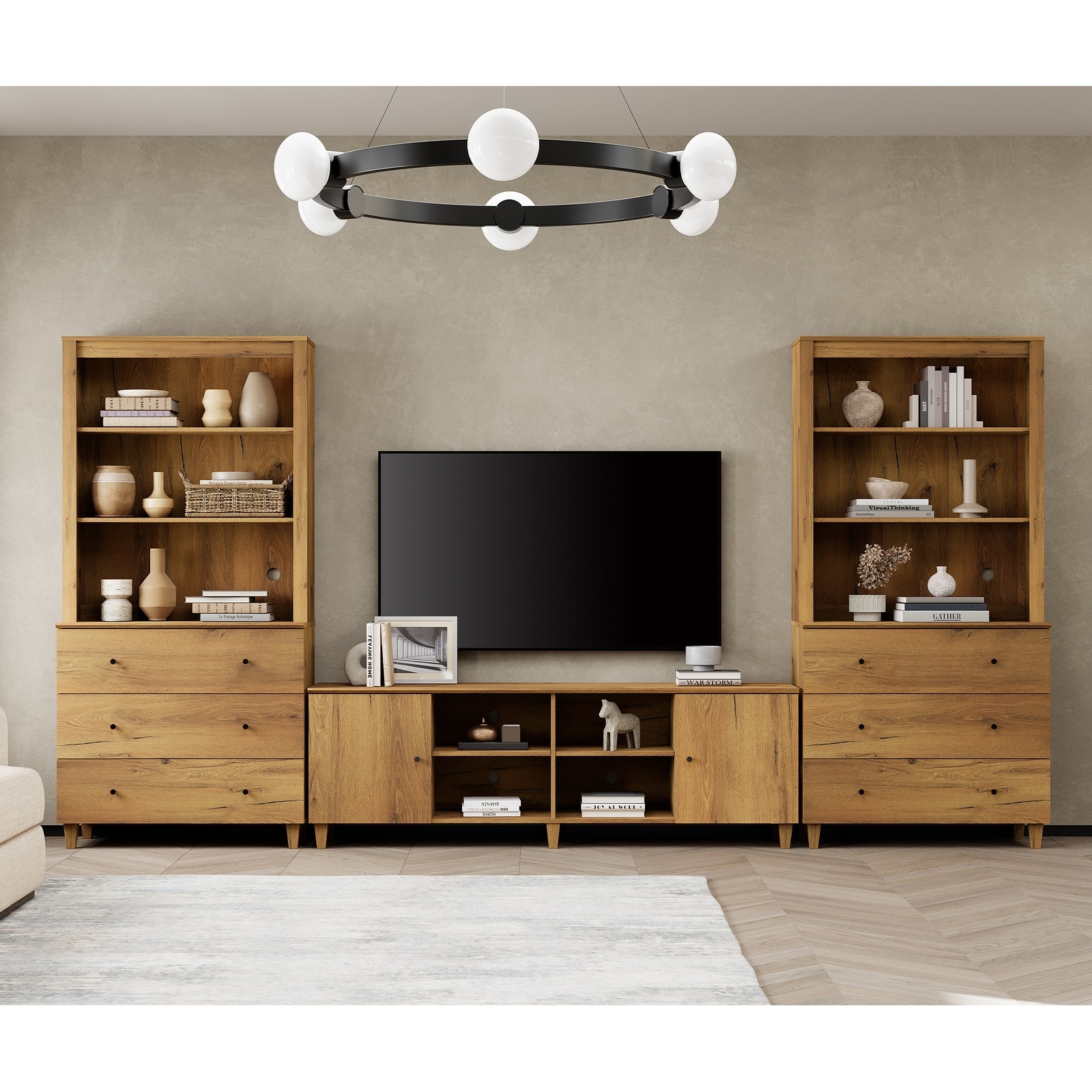 WAMPAT Modern TV Stand and Bookcase Set with Drawers & Cabinets