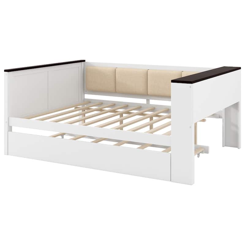 GDFStudio - Wood Daybed with Storage Shelves, Upholstered Backrest, Trundle and USB