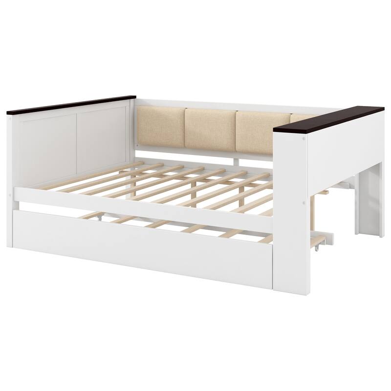 Roomfitters Twin/Full Wood Daybed with Storage Shelves, USB Ports and Trundle, White