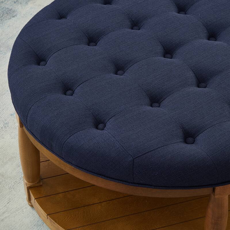 Large Round Tufted Linen Ottoman Coffee Table with Wood Shelf Storage - Navy Blue Hue