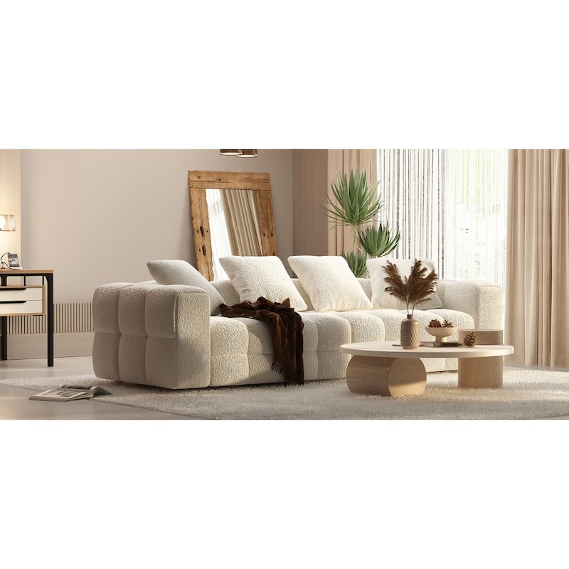 100.8"W Wooden Frame Teddy Velvet Sofa in White Couch 4 Person