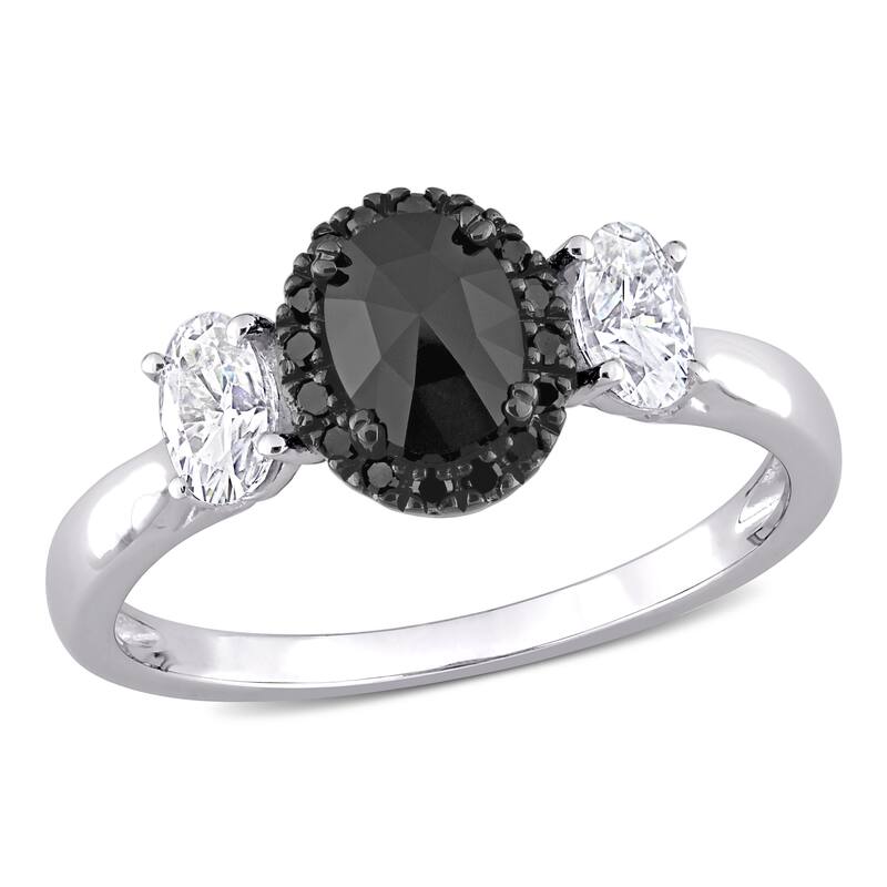 Miadora 10k White Gold 3/5ct TDW Black Diamond & Created Moissanite 3-Stone Halo Engagement Ring