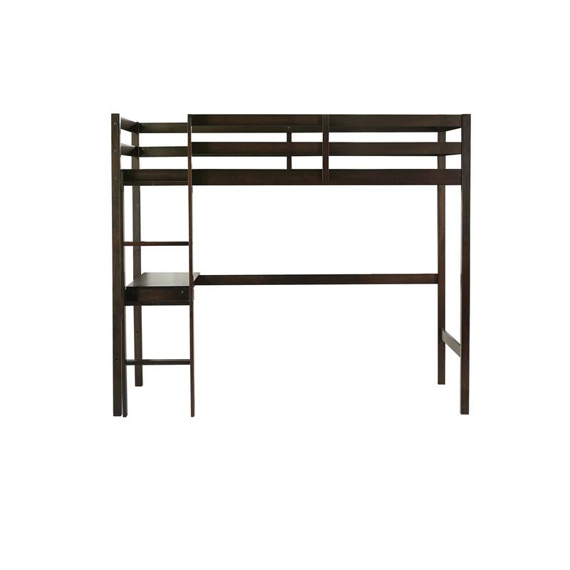 Twin Size High Loft Bed with Desk Underneath, Rubberwood Frame, Safety Guardrail and Ladder for Teens, Kids, Dorm or Bedroom