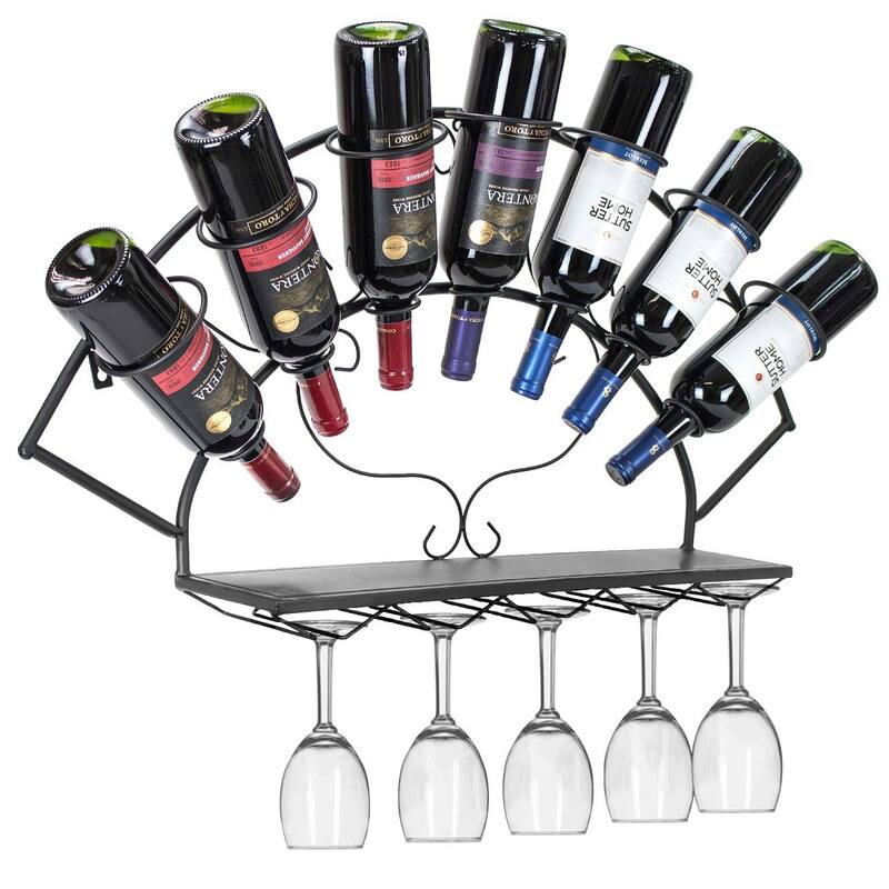 Sorbus Wall Mount Wine Rack (Holds 7 Bottles and 5 Stemware Wine Glasses)