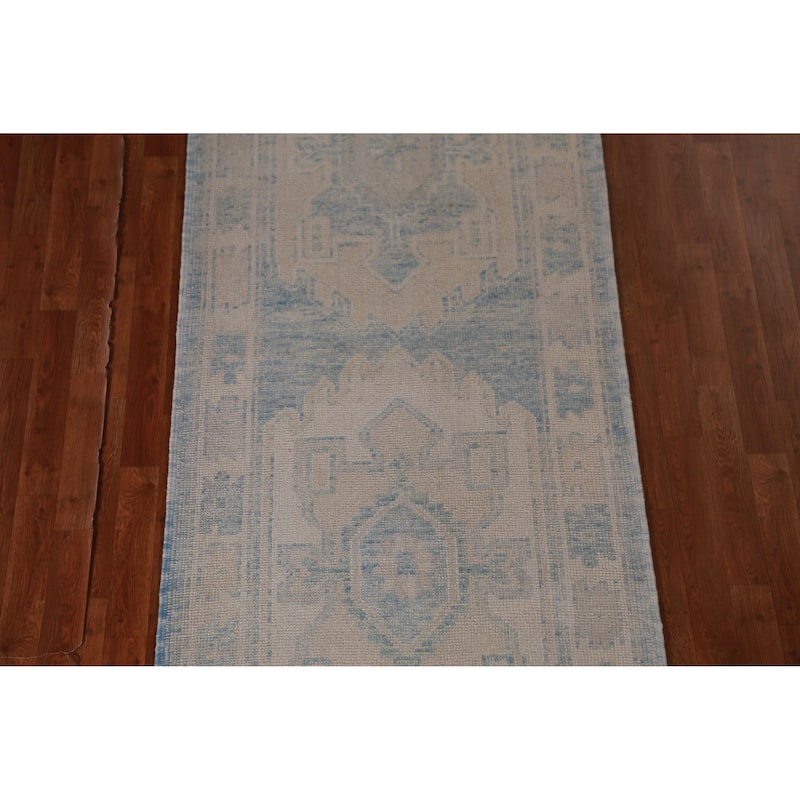 Hand Knotted Oriental 100% Wool Carpet Transitional Geometric Navy Blue & Blues Oushak Runner Rug - 17' 2'' X 3' 4''