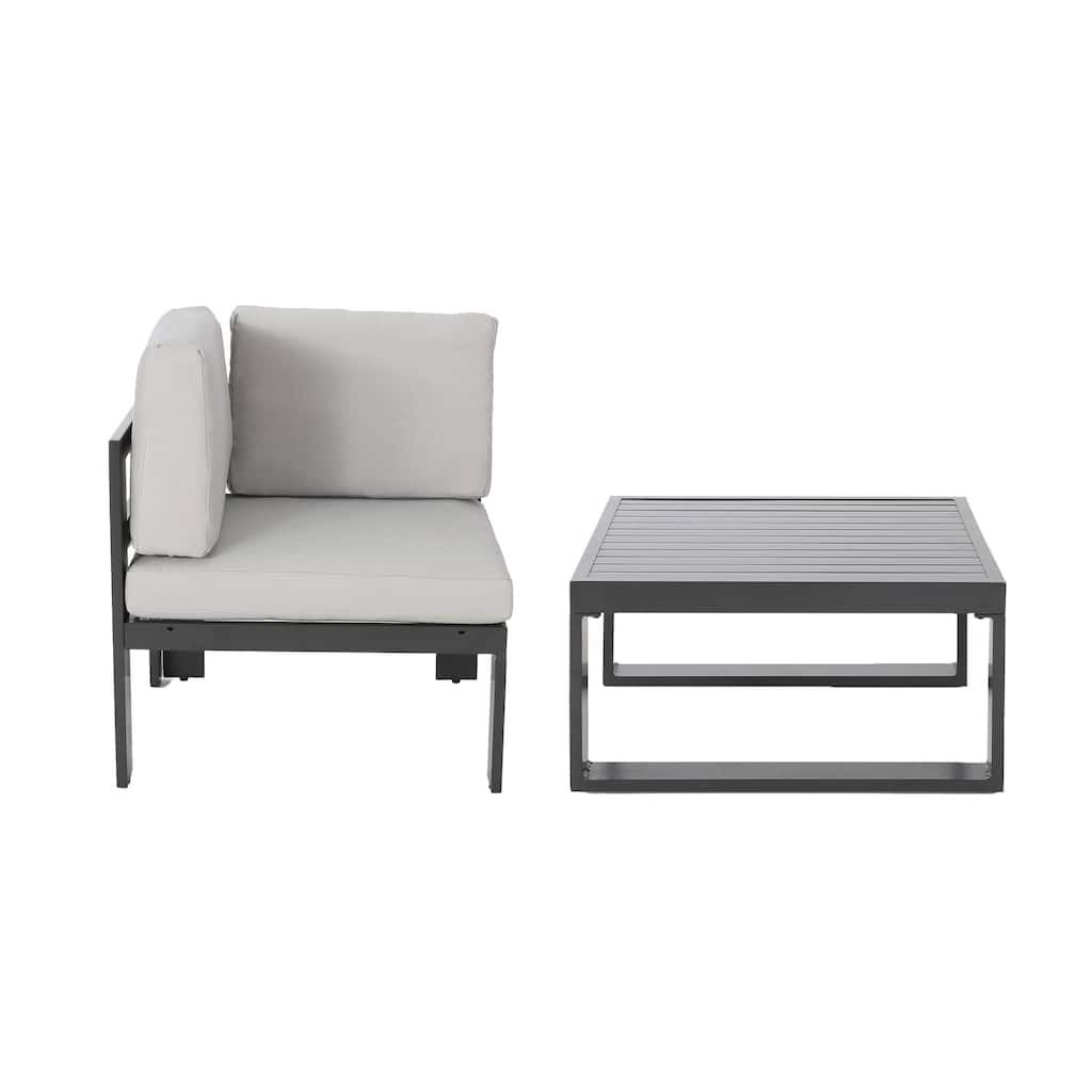 Roomfitters Outdoor Corner Sofa Chair with Cushions and Slatted Coffee Table, Gray with White Cushions