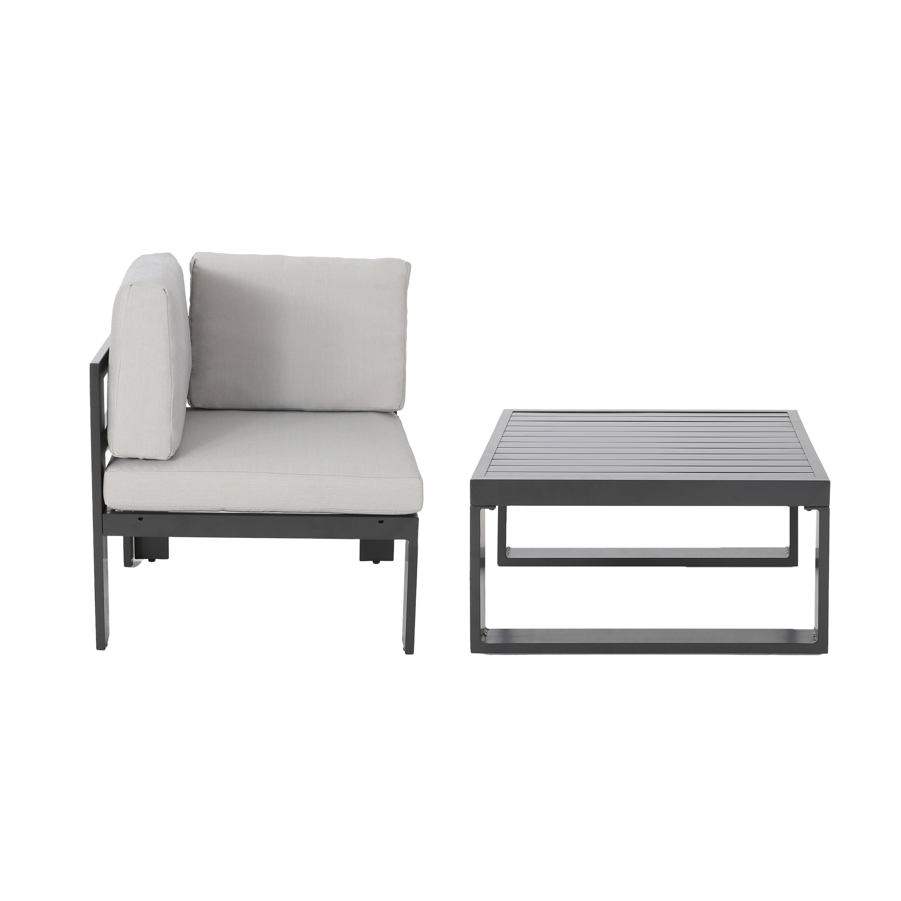 Roomfitters Outdoor Corner Sofa Chair with Cushions and Slatted Coffee Table, Gray with White Cushions