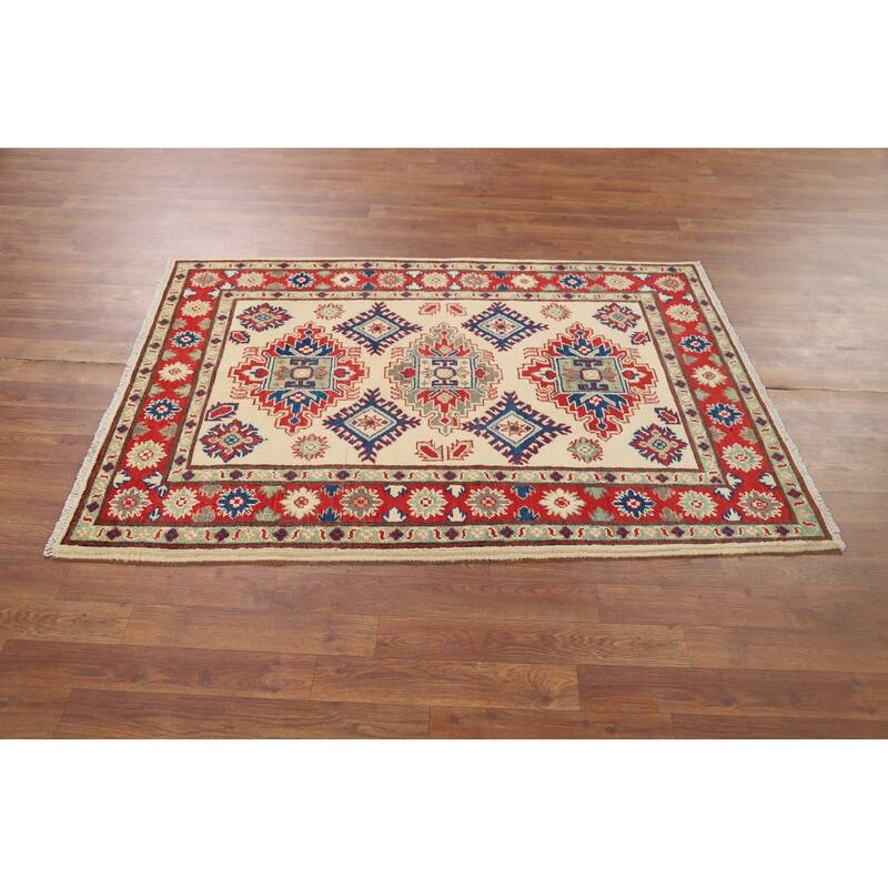 Beige Geometric Kazak Foyer Rug Oriental Handmade Wool Carpet - 3'6" x 5'1"