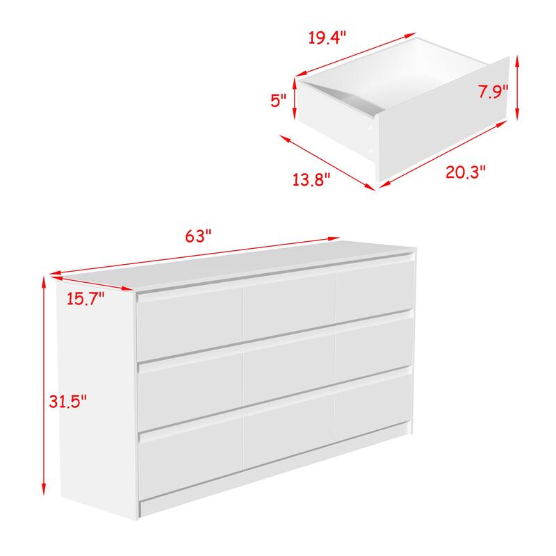 63" Modern 9-Drawer Dresser for Bedroom, Wide White Chest of Drawers, Large Storage Cabinet for Clothes Organization