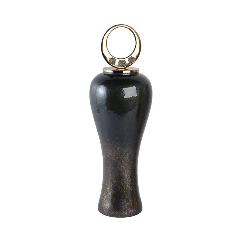 Glass Vase with Modern Sculptural Metal Brass Accent and Stone Detail
