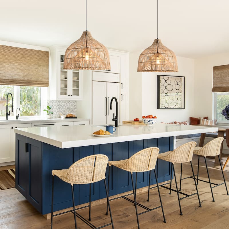 1-Light Boho Brown Rattan Hand-Woven Cloche Hanging Basket Pendant Light - 19.6" W x 62.9" H