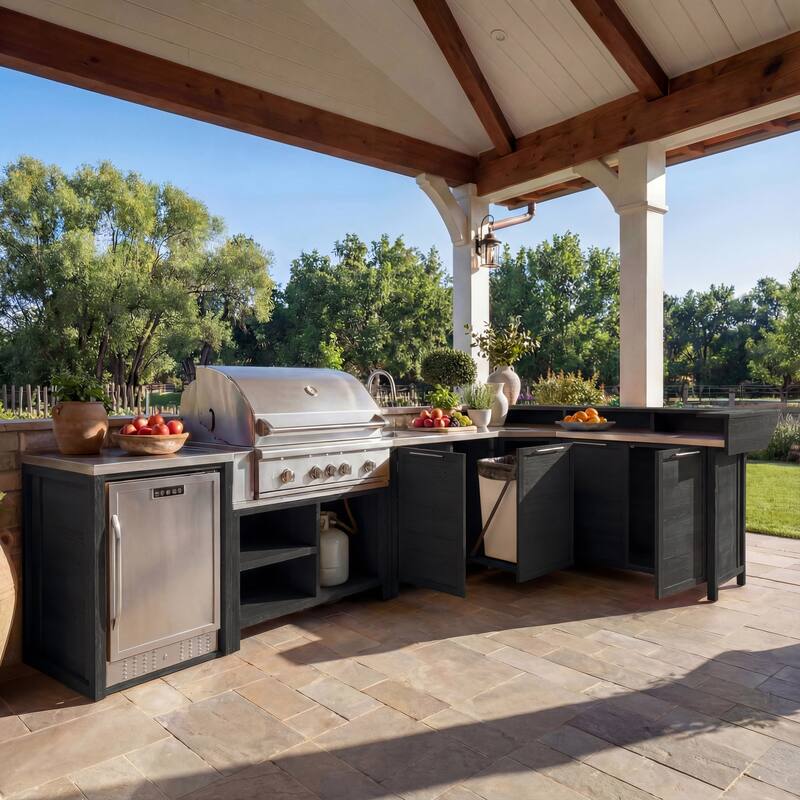 Modular Outdoor Kitchen Cabinet Set 100% Solid Wood Patio BBQ Island with Stainless Steel Countertop