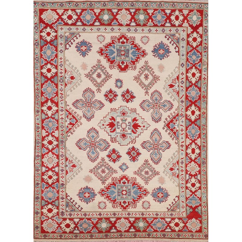 Geometric Kazak Oriental Rug Hand-Knotted Bedroom Wool Carpet - 5'0" x 6'10"