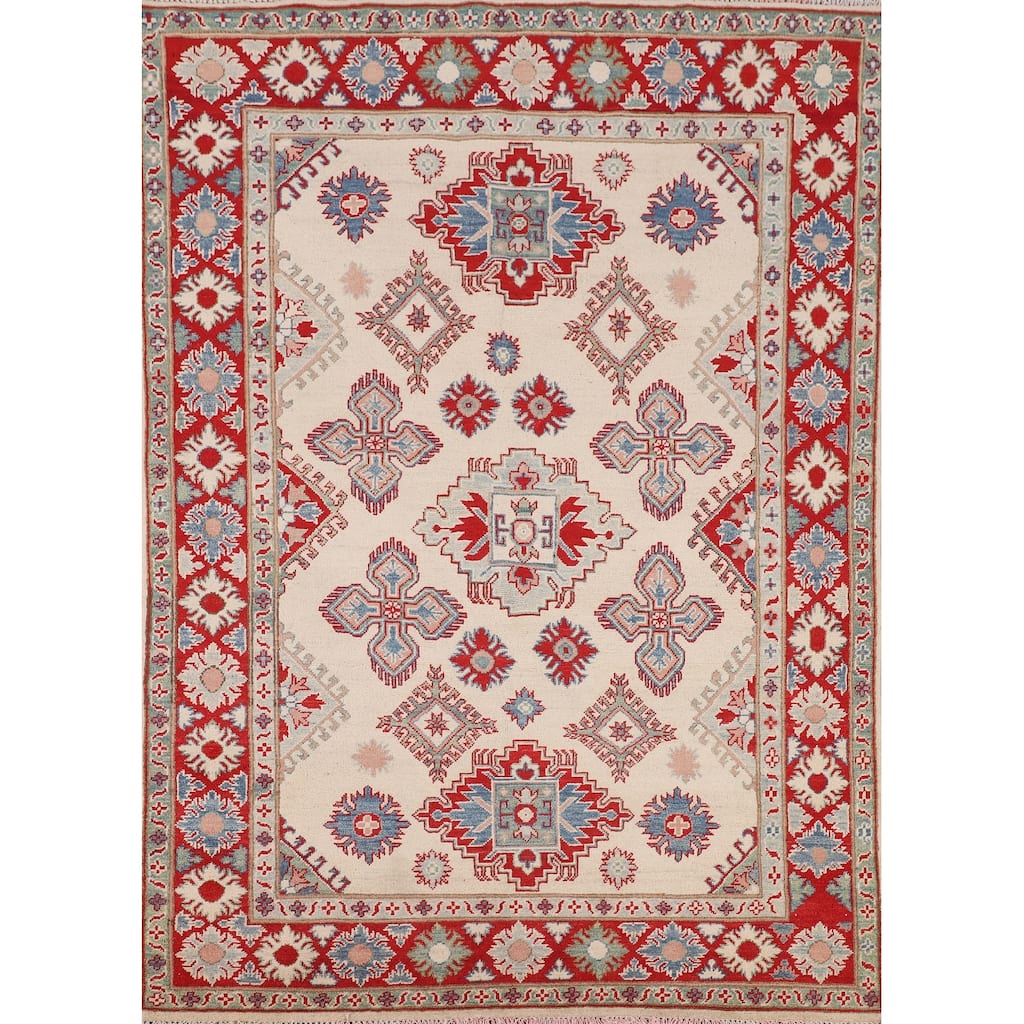 Geometric Kazak Oriental Rug Hand-Knotted Bedroom Wool Carpet - 5'0" x 6'10"