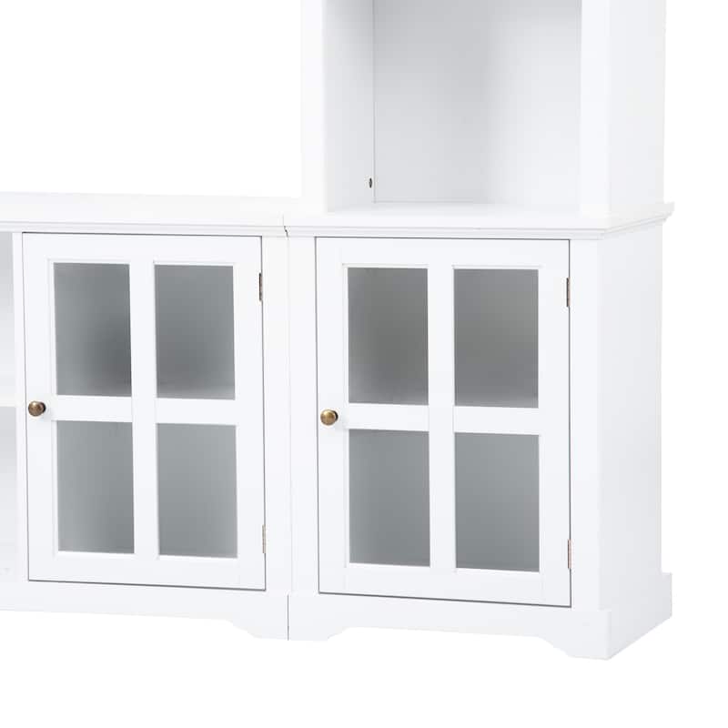White Entertainment Wall Unit with Bridge and Tempered Glass Door, TV Console Table for TVs up to 70"