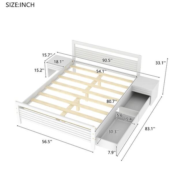 Full Size Pine Wooden Platform Kids Bed Frame with 2-Removable Storage Drawers, 2-Bedside Tables & Headboard for Bedroom, White