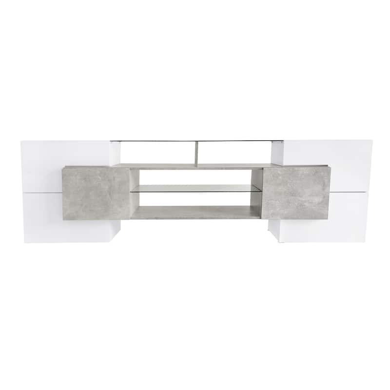 Roomfitters Modern Unique Shape TV Cabinet with 2 Glass Shelves, High Gloss Media Consolefor TVs up to 88", Grey