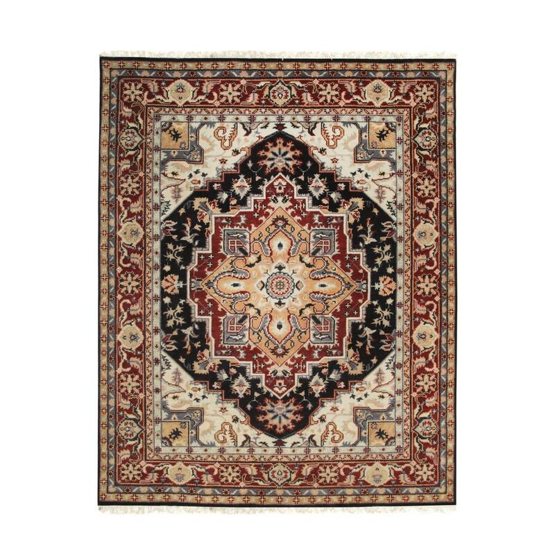 Navy Hand Knotted Wool Traditional Heriz Weave Rug, 8' x 10', Elegant Plush Floor Covering - L