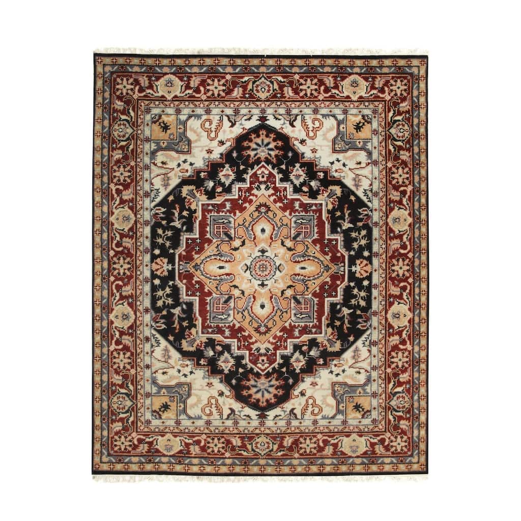 Navy Hand Knotted Wool Traditional Heriz Weave Rug, 8' x 10', Elegant Plush Floor Covering - L