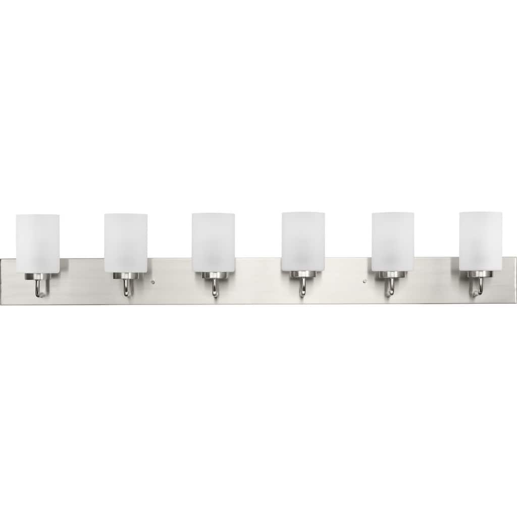 Merry Collection Six-Light Brushed Nickel and Etched Glass Transitional Style Bath Vanity Wall Light - 48 in x 5.75 in x 8.25 in