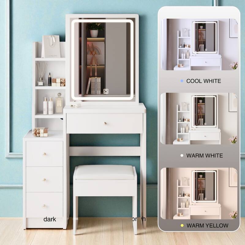 29.2" Small Vanity Table with LED Sliding Mirror, Cushioned Stool, Touch Light and Storage Cabinet