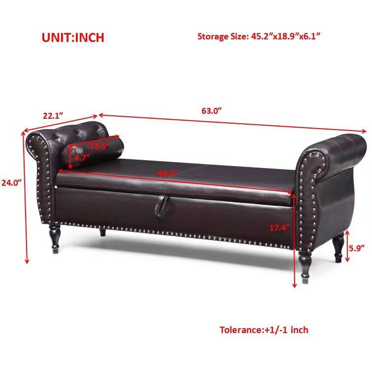 63" PU Upholstered End of Bed Bench Flip Top Entryway Ottoman with Safety Hinge Storage Rectangular Sofa Stool Buttons