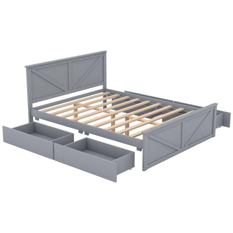 Wooden platform bed with four storage drawers