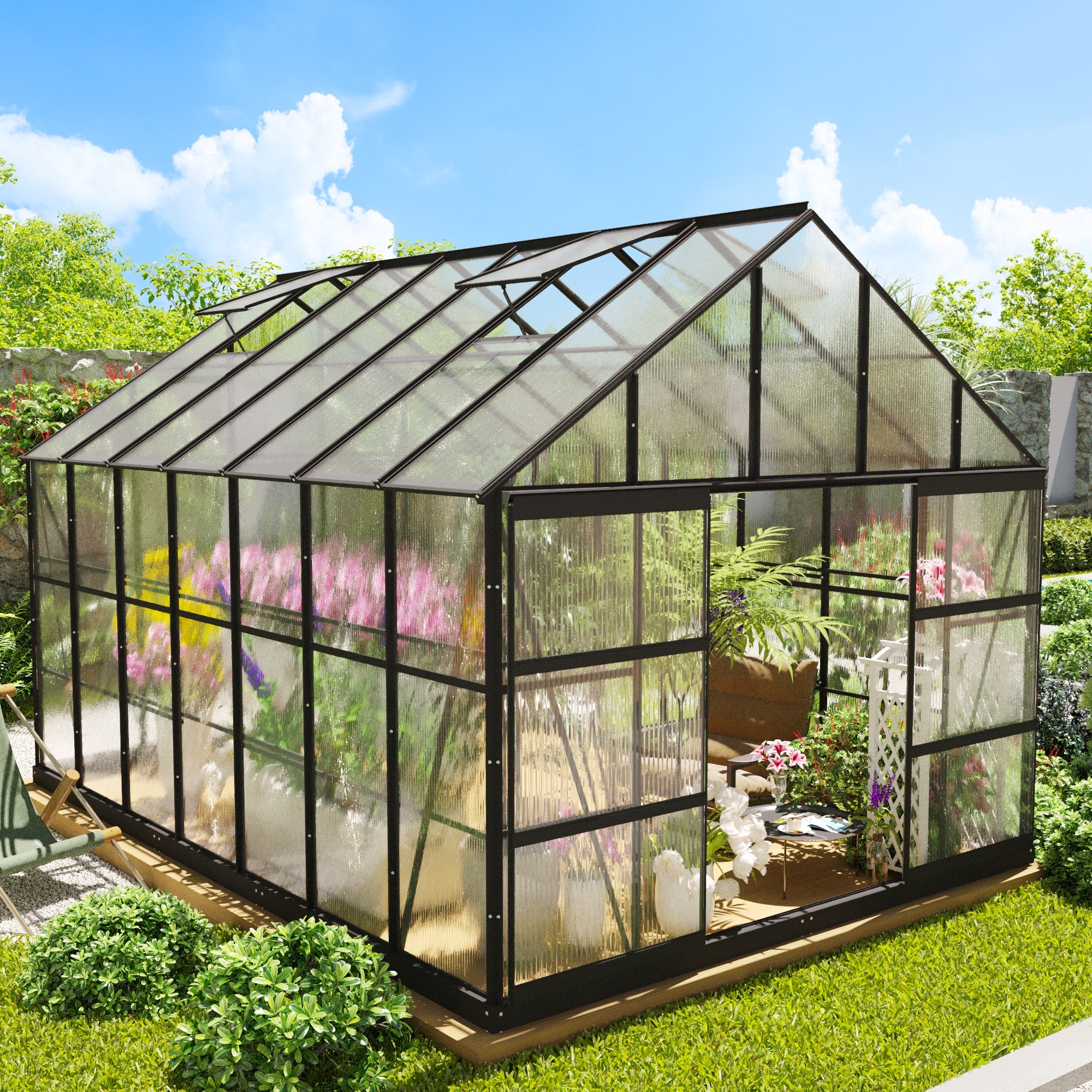 Cozywor Outdoors Walk-in Aluminum Greenhouses with 4 Roof Vent Windows and Lockable Double Doors (Black)
