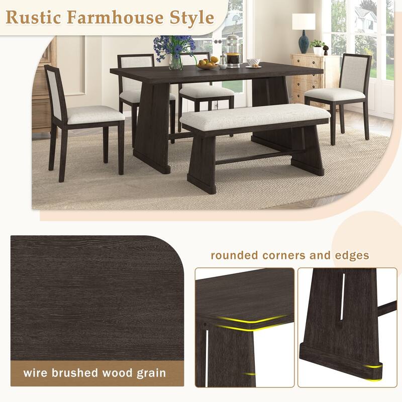 59.8" Farmhouse Dining Table with 4 Upholstered Chairs and 1 Padded Bench