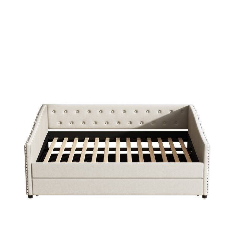 Linen Tufted Daybed with Trundle, Upholstered Platform Sofa Bed Frame, Wooden Slat Support