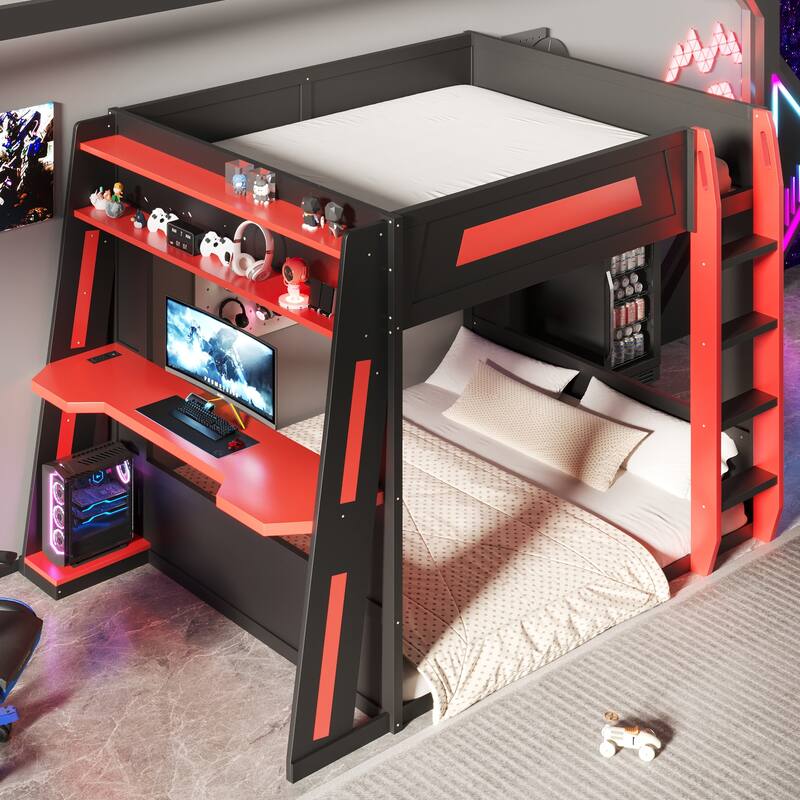 Gaming Bunk Bed with Computer Desk, Storage Shelves, USB Port and LED Strip Lighting, Esports Design, Wooden Gaming Bed - Black Red - Queen