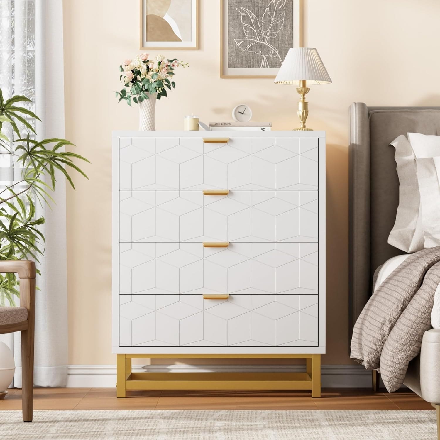 4-Drawer White Dresser, Large Modern Bedroom Chest with Gold Metal Handles, Storage for Hallway, Entryway