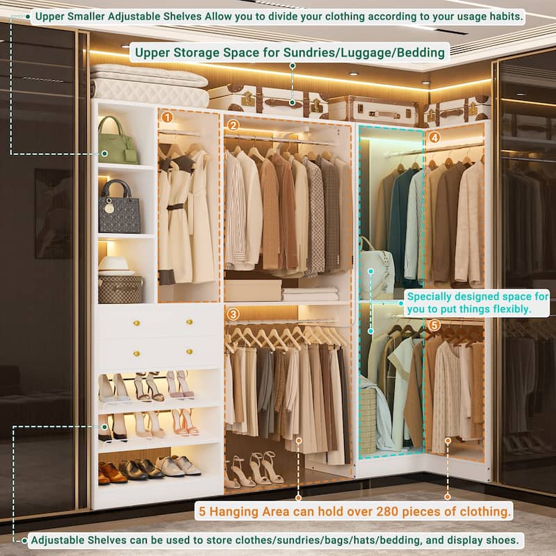 Rackcog Freestanding Corner Closet System Set, Closet Organizer with Hanging Rods and Drawers