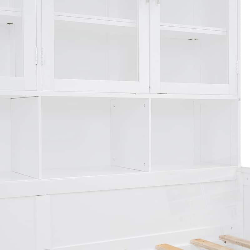 Wooden Daybed with Glass-Door Storage Cabinets Built-in LED Lighting and Shelves