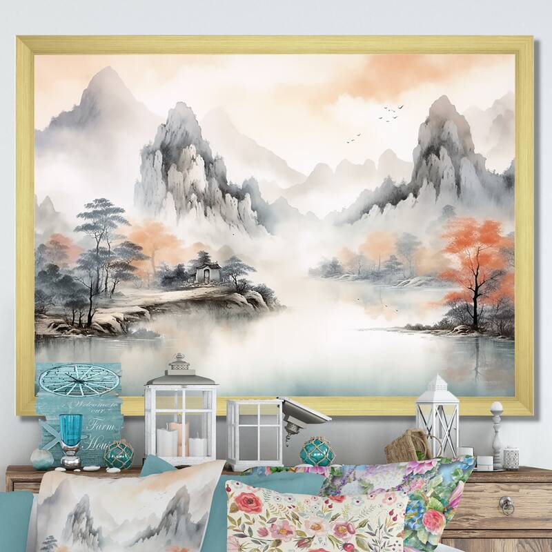 Designart "Grey Tranquil Chinese Landscape Serenity I" China Orange - Traditional Entryway Framed Wall Art Print - 20 in. wide x 12 in. high - Gold