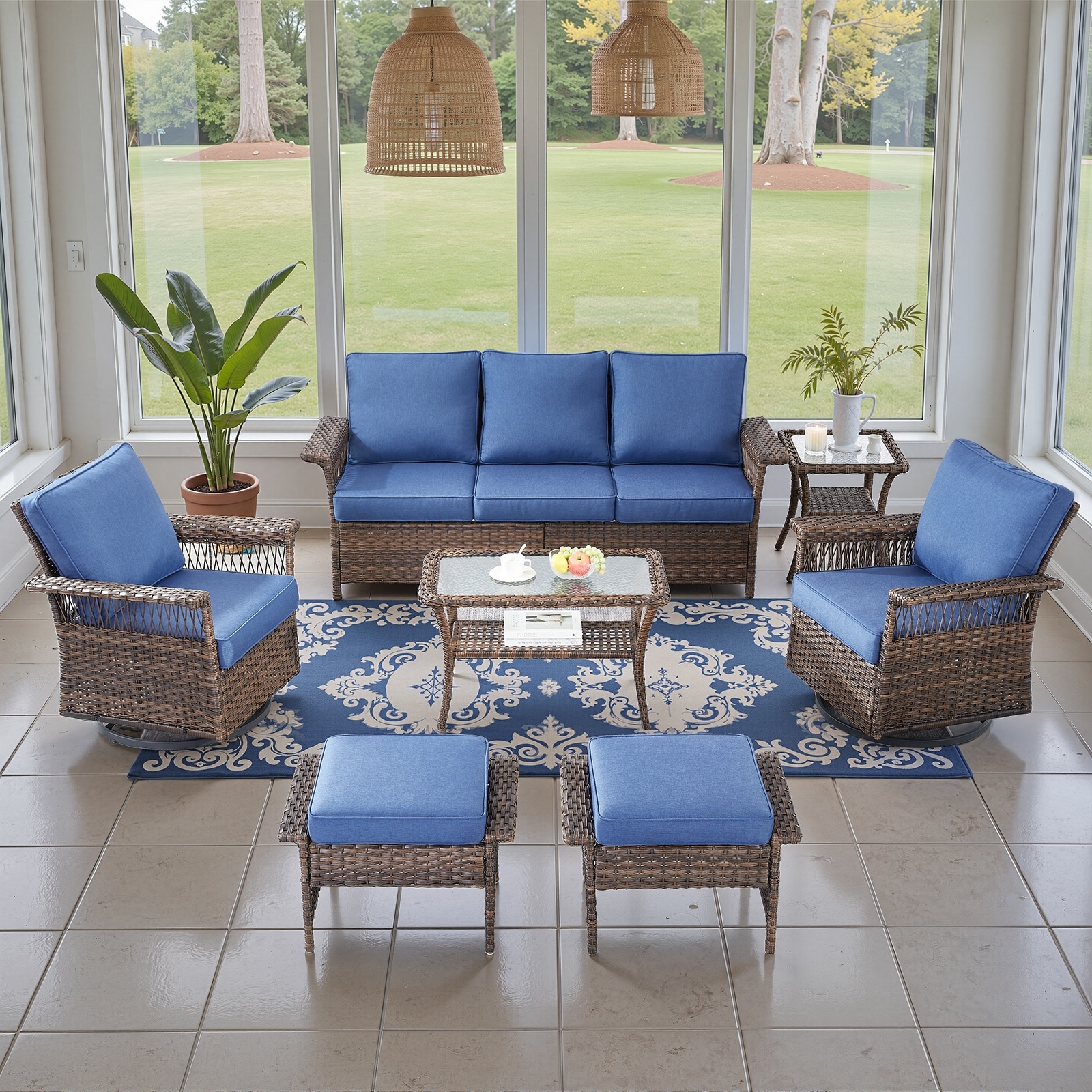 Gymojoy Outdoor Wicker Patio Furniture Set with 3-Seat Sofa, Swivel Chairs & Coffee Table for Backyard