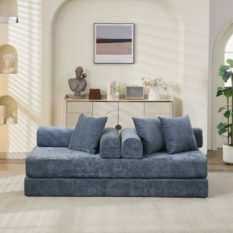 Chenille Folding Sofa Floor Sleeper Bed Chaise Lounger Couch 3-in-1 Comfy Mattress with Reversible Arm Pillows and Non-slip Pad
