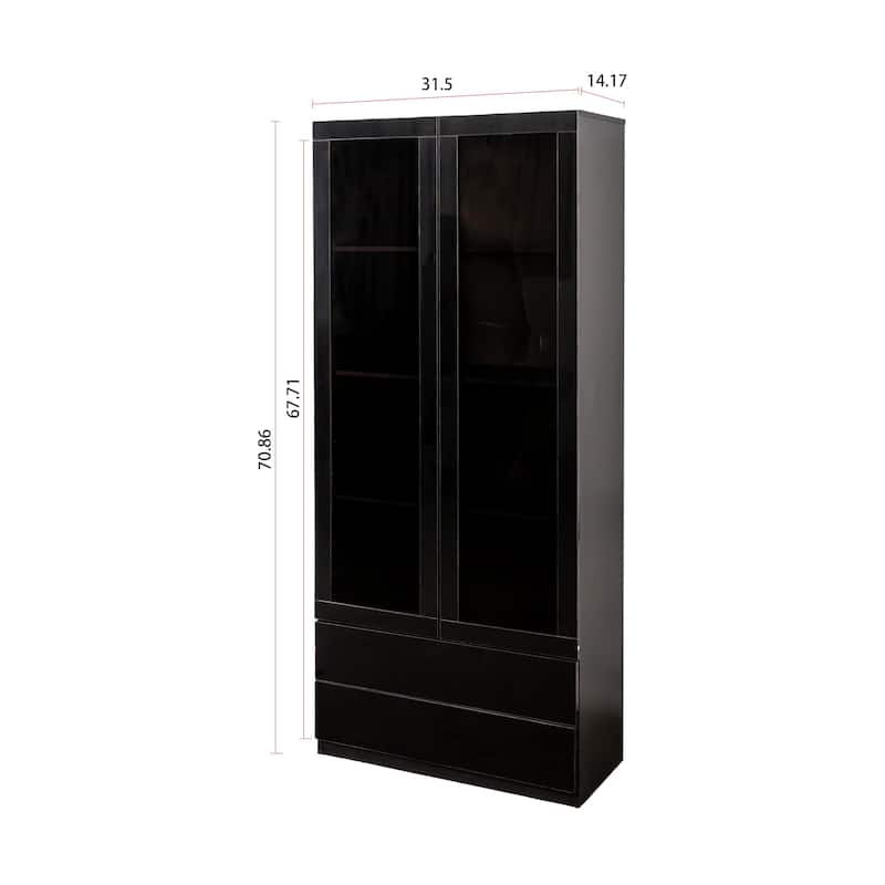 Display Storage Cabinet with Glass Doors, with 2-Drawer