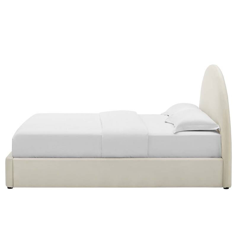 Palmetto Modern Round Headboard Off-white Velvet Upholstered King Size Platform Bed