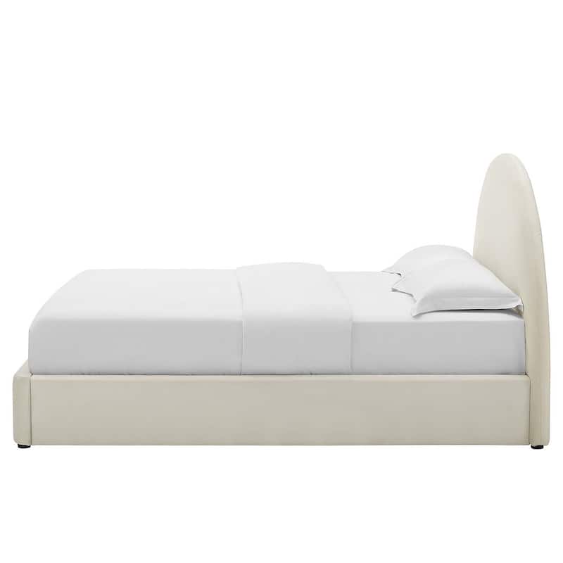 Palmetto Modern Round Headboard Off-white Velvet Upholstered Queen Size Platform Bed